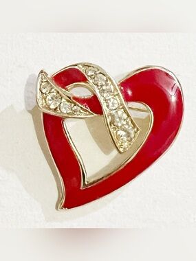 Red Heart Enamel Brooch Clear Rhinestones